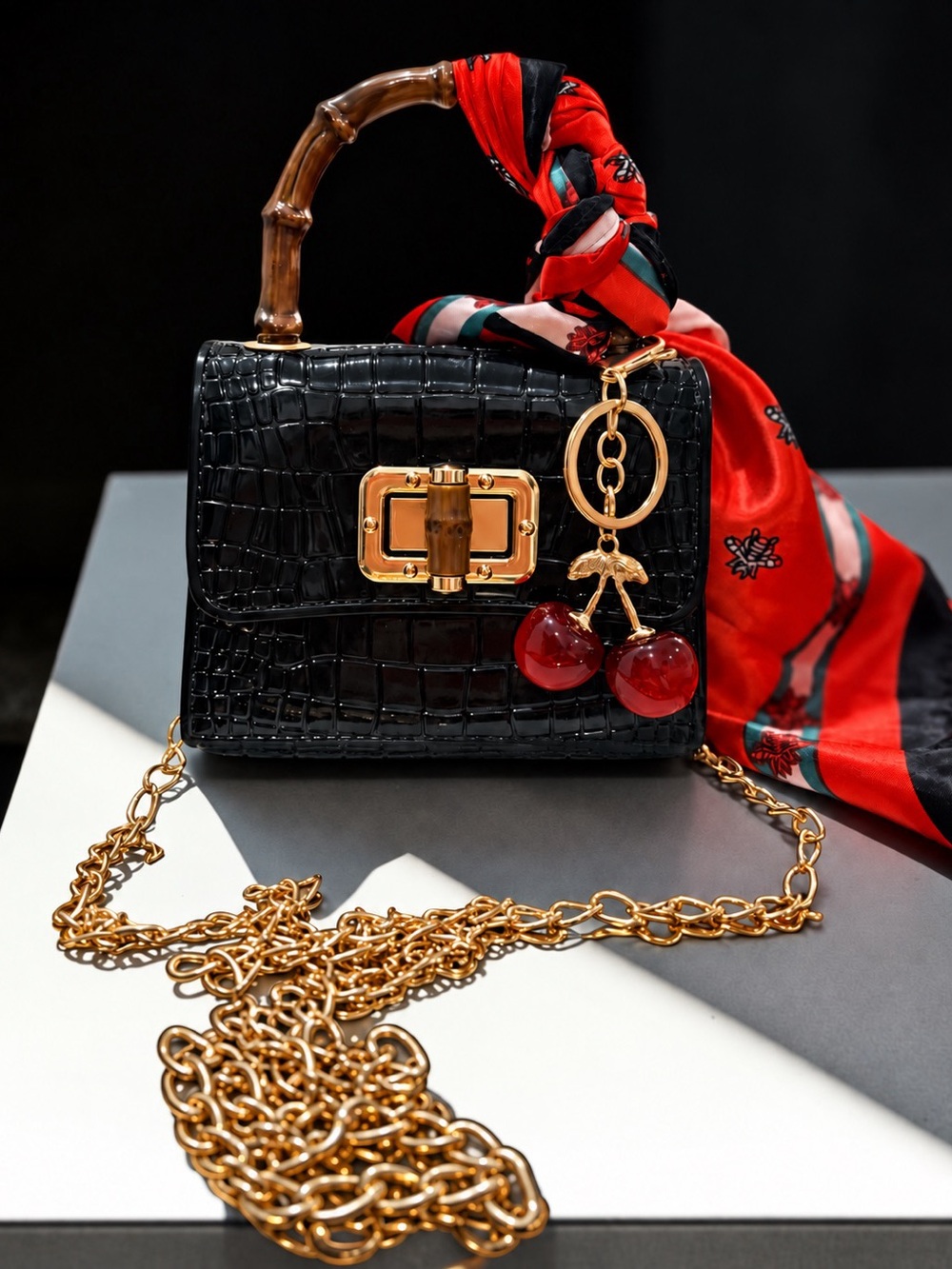 Black Croc Texture Mini Bag Bamboo Style Handle Bee Scarf Cherry Charm